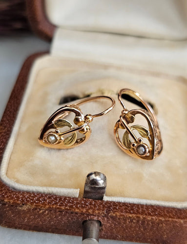 Boucles d'oreilles Dormeuses anciennes coeurs or rose, or jaune, perles 58 Facettes 613