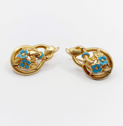 Boucles d'oreilles Dormeuses victorienne or 18k fleurs et émail bleu (circa 1890) 58 Facettes A06049