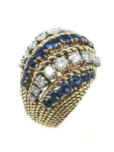 PIAGET. Vintage ring in 18K yellow gold, sapphires and diamonds 