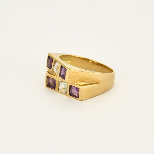 Bague 57,5 Bague moderniste en or jaune, améthyste et aigue-marine 58 Facettes SOI3467X2