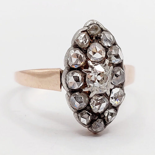 Bague marquise antique or rose 18k diamant taille ancienne et roses (circa 1900) 58 Facettes A06417