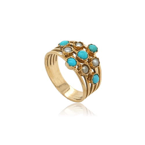 Bague 56 Bague Ancienne Or Rose 18 carats Turquoises et perles 58 Facettes BAF270