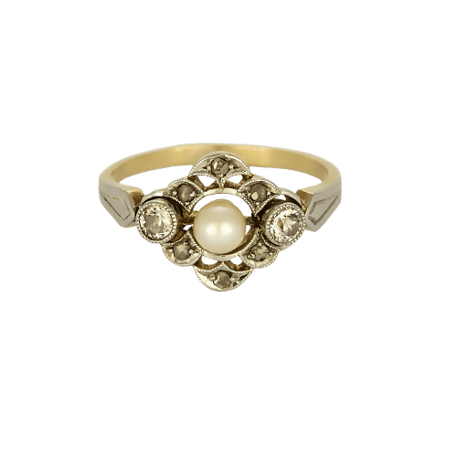 Bague 50,5 Bague de jeune fille en or jaune et or blanc, diamants et perle de culture 58 Facettes SQU3784X5