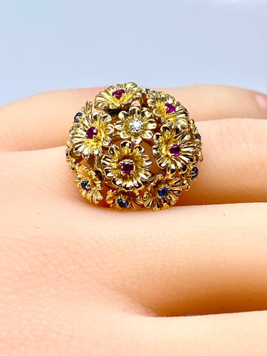 Anello - Anello multifiori in oro giallo e zaffiri, rubini, diamanti 
