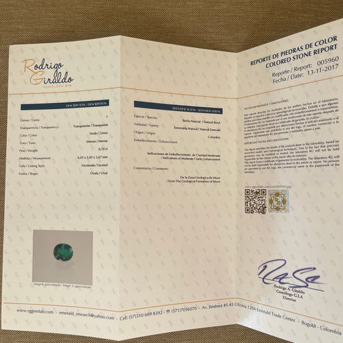 Bague 53 Bague or blanc, Emeraude de Colombie taille ovale, entourage Diamant 58 Facettes