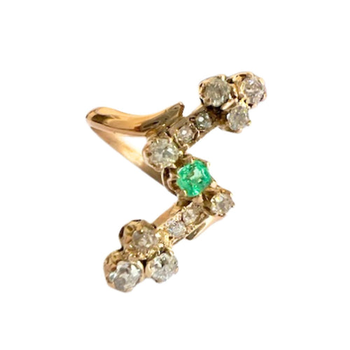 Designer-Ring Art Deco in Gelbgold mit Diamanten und Smaragden