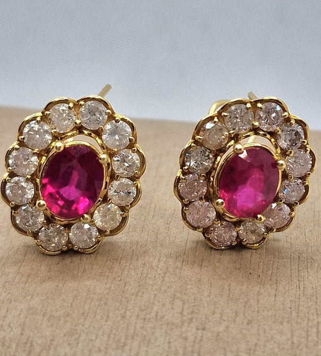 18K Yellow Gold Ruby and Diamond Cluster Earrings