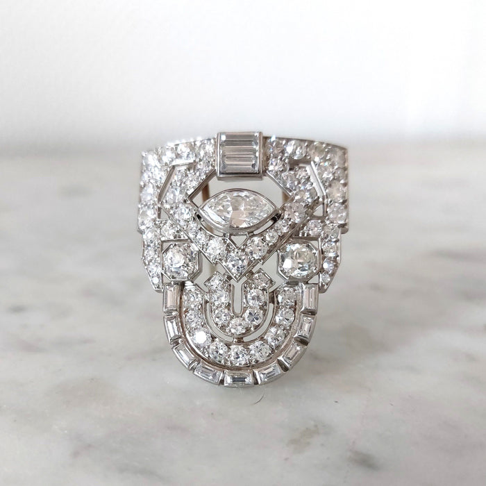 Art deco clipbroche, platina en diamanten, circa 1925, Frans