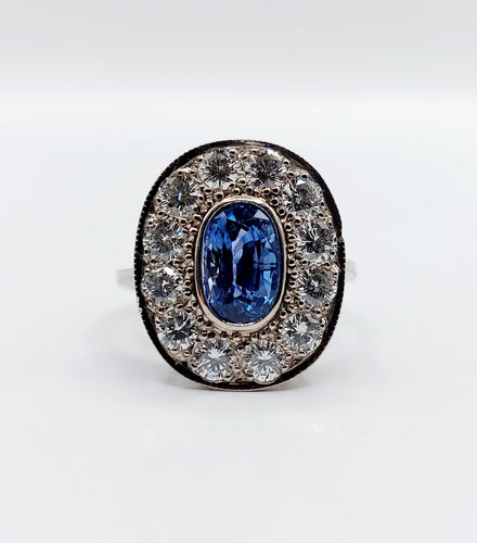 Pompadour-ring Art Deco i 18k hvidguld, syntetisk safir og diamanter 