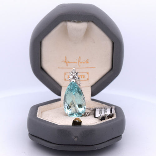 PENDENTE ORO BIANCO 18 KT - ACQUAMARINA e DIAMANTI 58 Facettes