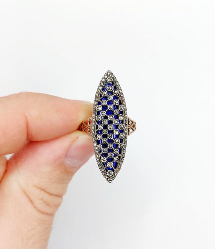 Bague 55.5 Bague marquise « Au firmament » en or rose 18K, émail bleu et marcassite 58 Facettes A06380