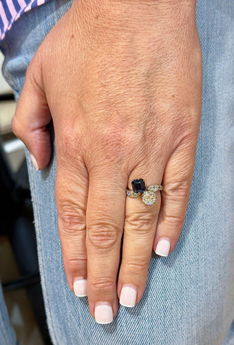 Bague Toi et Moi ancienne saphir de Siam naturel et diamants
