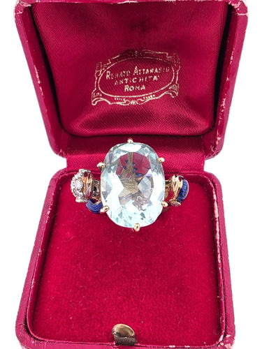 Bague 50 Bague vintage des années 1940/50 en or jaune massif, ornée d'aigue-marine, de diamants et d'émail. 58 Facettes