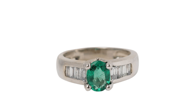 Bague 53 Bague de luxe en or blanc, émeraude et diamants baguettes 58 Facettes F4162