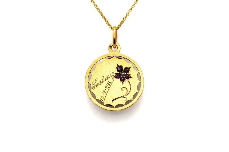 Pendentif Pendentif porte-photo Art Nouveau en or jaune serti de rubis et d'un diamant 58 Facettes B753