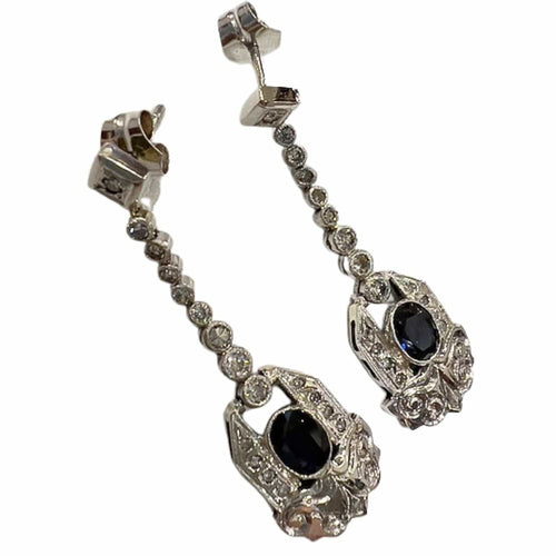 Boucles d'oreilles en platine de style art déco avec diamants et saphir 58 Facettes Q813A