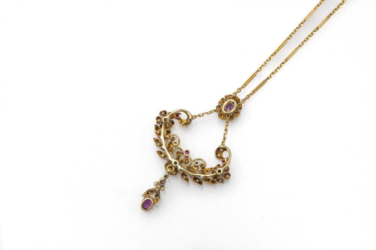 Collier Collier unique Art Nouveau en or jaune et argent, diamants et rubis 58 Facettes 10972