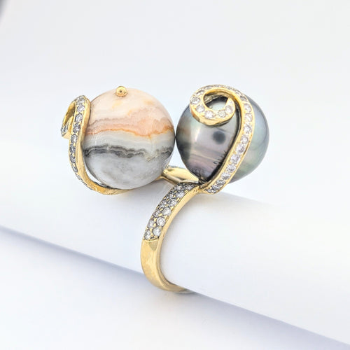 Bague Bague cocktail en or jaune perle grise de Tahiti et agate 58 Facettes 32034