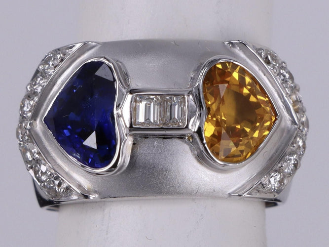 Bague Saphirs bleus et jaunes coeur vintage avec diamants 58 Facettes BA-1129