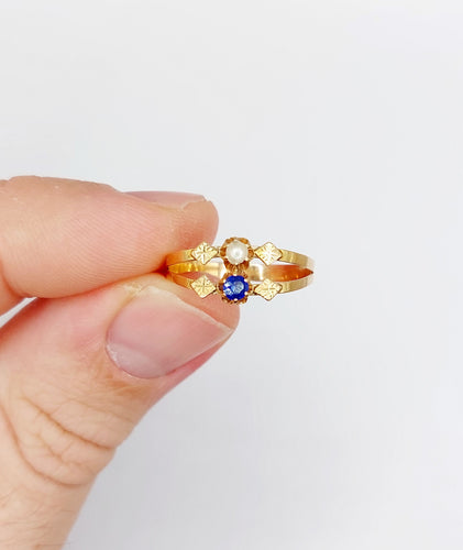 Bague 57 Bague toi et moi antique en or rose 18k perle et pierre bleue 58 Facettes A06504