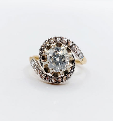 Swirl ring antique in 18k gold and platinum, old cut diamond 1.20 carats 
