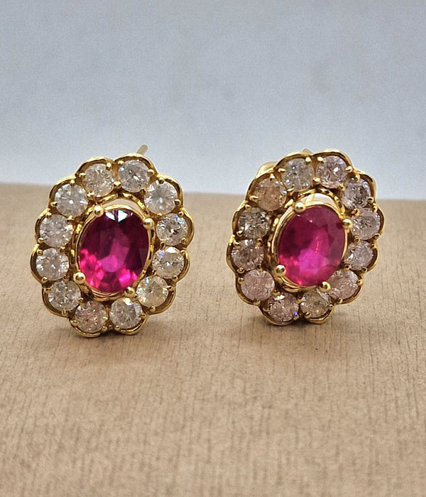 18K Yellow Gold Ruby and Diamond Cluster Earrings