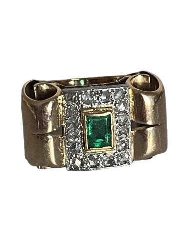 Bague 57.5 Bague Tank Or Jaune Platine Emeraude Diamants 58 Facettes LOT 6375