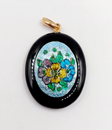 Pendentif Pendentif vintage or rose 18k onyx et plaque émaillée fleurie 58 Facettes A06188