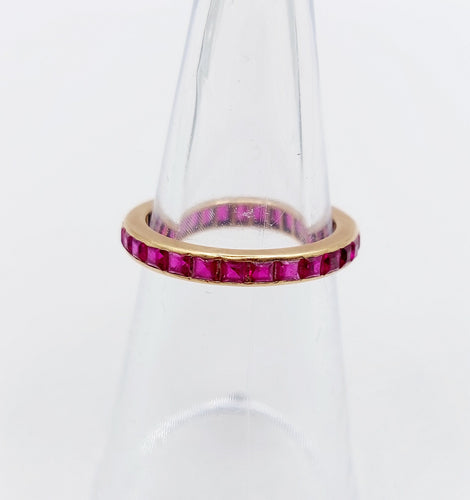 Vigselring amerikansk Art Deco roséguld, syntetiska kalibrerade rubiner 