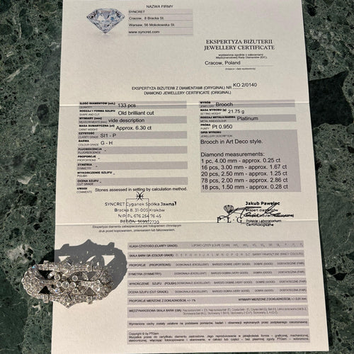 Broche Broche Art Déco en platine avec diamants de 6,30 ct 58 Facettes 0020000140