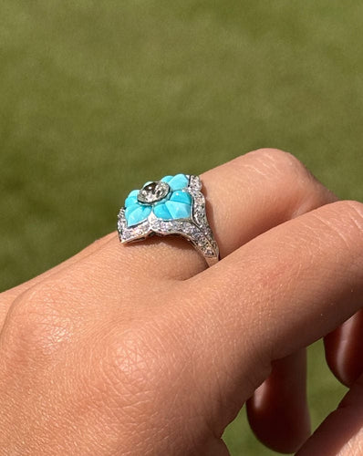 Bague 55 Bague de style Art Déco en platine avec diamants et turquoise 58 Facettes