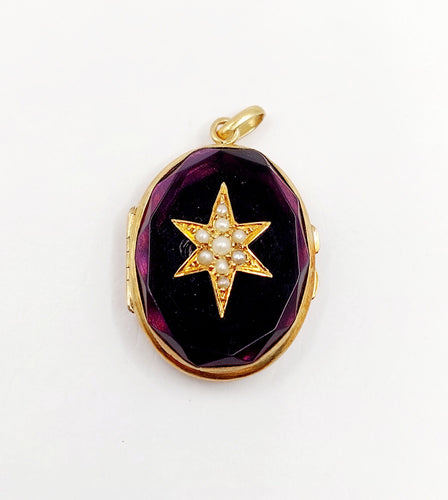Pendentif Pendentif photo, reliquaire antique or jaune, verre violet et perle 58 Facettes A06193