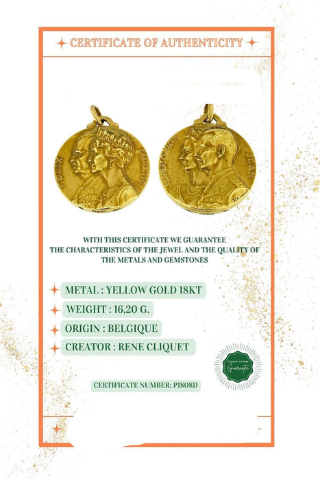 Yellow gold medal pendant by René Cliquet Grand Dukes and Grand Duchesses of Luxembourg