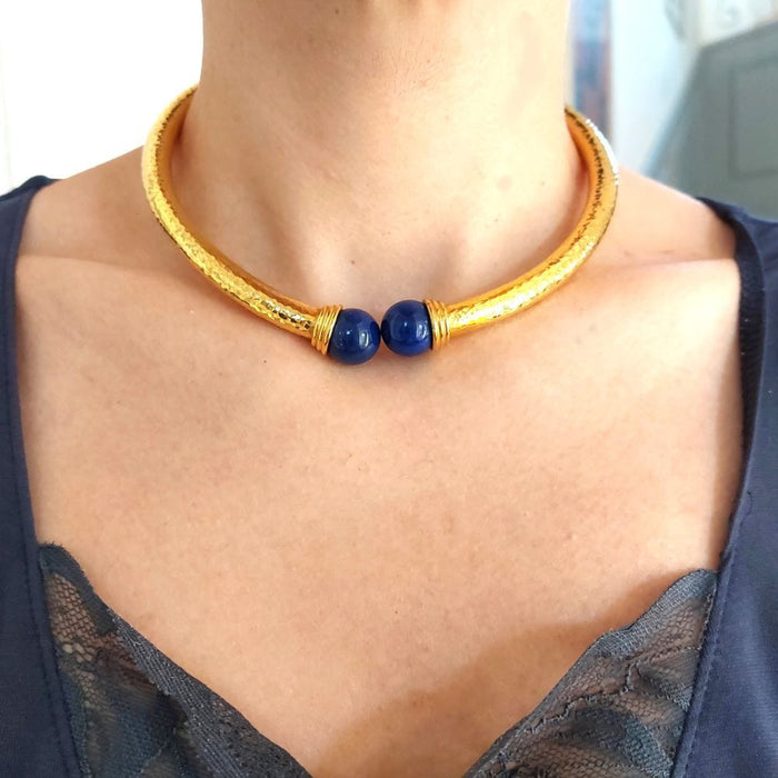 Collier Collier ras de cou Santorin or jaune et lapis-lazuli 58 Facettes 127