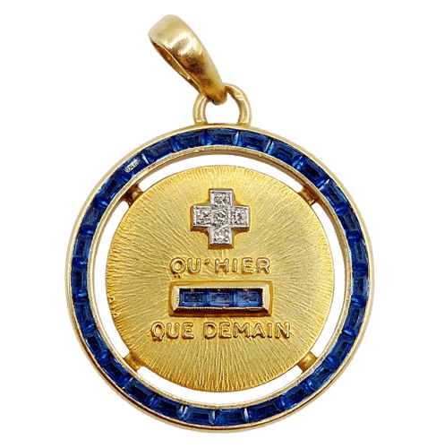 Pendentif AUGIS - Pendentif médaille d'amour 23mm or jaune, diamants et saphirs calibrés 58 Facettes A06326