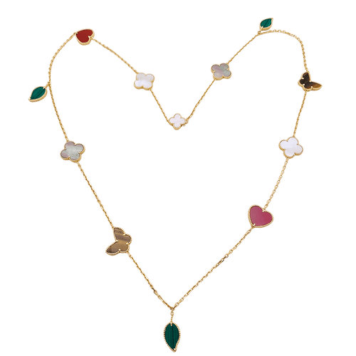 Collier Collier-Sautoir Van Cleef & Arpels, "Lucky Alhambra", or jaune, cornaline, malachite, oeil de tigre, nacre. 58 Facettes 34547