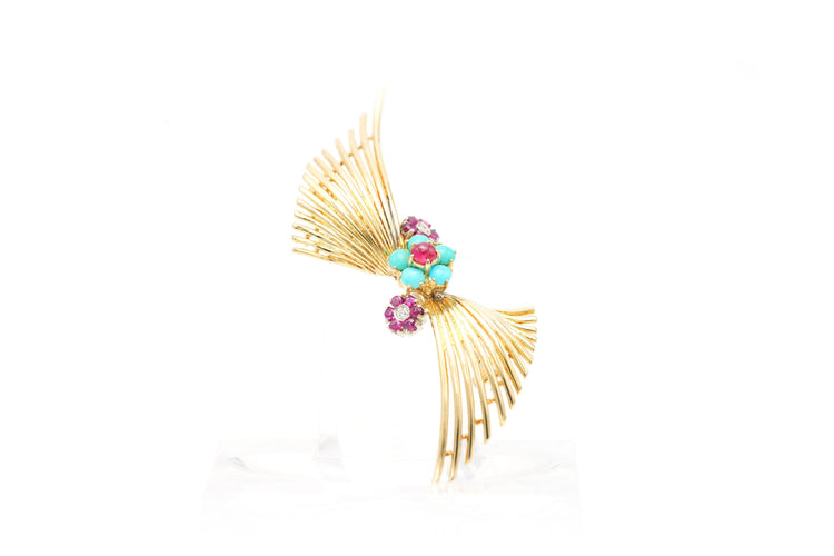 Broche années 50 or jaune,  turquoises, de rubis et de diamants (+-0.05ct) 58 Facettes 22640