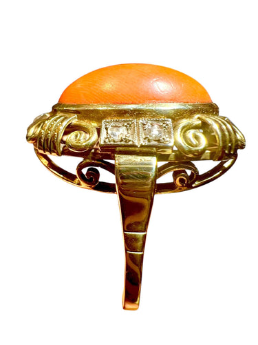 Bague Bague 1940 or jaune cabochon corail et diamants taille ancienne 58 Facettes 7204 A