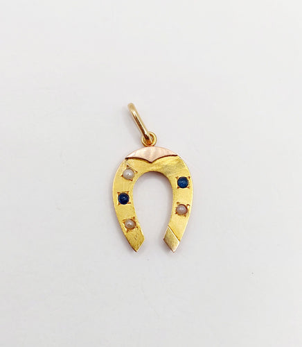 Pendentif fer à cheval antique en or 18k pierres bleues et perles