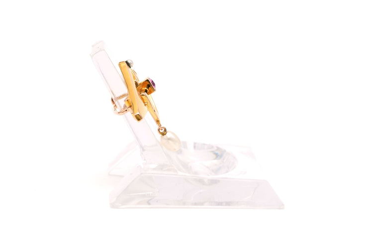 Broche Broche Art Déco en or jaune 18 carats sertie d'un saphir rose et de perles 58 Facettes 20327