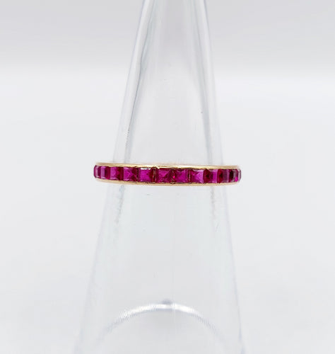 Vigselring amerikansk Art Deco roséguld, syntetiska kalibrerade rubiner 