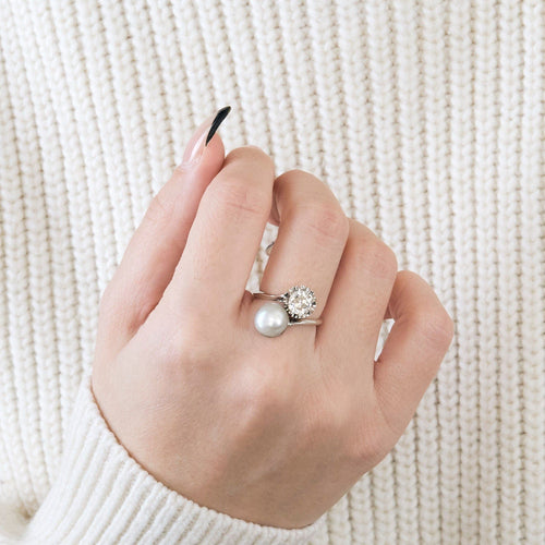 Bague 50.5 Bague Toi et Moi Diamant Perle 58 Facettes