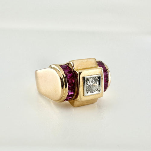 Bague 56.5 BAGUE TANK RUBIS CALIBRE ET DIAMANT EN OR JAUNE 18K 58 Facettes