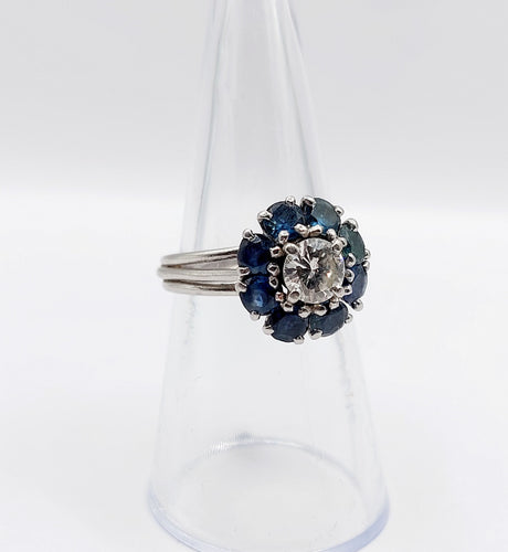 Bague 52 Bague marguerite Art déco en platine et diamant 0,65 ct, saphirs 58 Facettes A06577