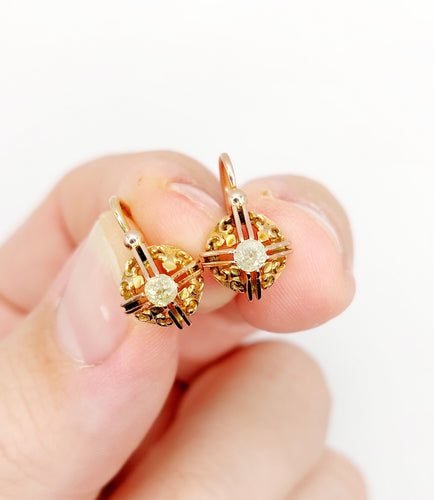Boucles d'oreilles Dormeuses or rose, diamants jaunes taille ancienne (circa 1900) 58 Facettes A06239