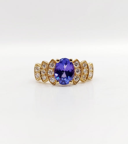 Bague 52 Bague jonc vintage en or 18k tanzanite 1,10 ct et diamants 58 Facettes B01020