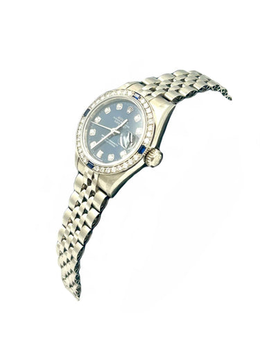 Montre Montre Rolex 36mm Automatique Or Blanc 18K « Lady Oyster Perpetual » Diamants et Saphires 58 Facettes