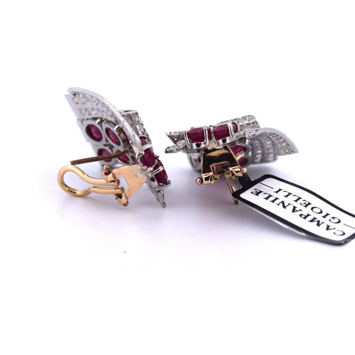 Boucles d'oreilles Boucles d'oreilles en platine et or jaune serties de rubis et de diamants 58 Facettes