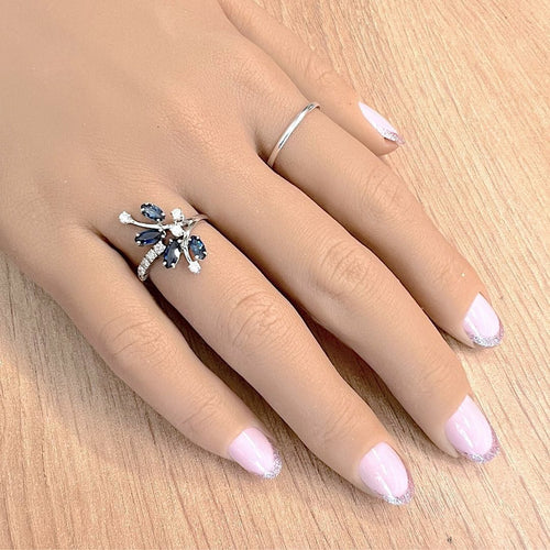 Bague 52 Bague fleur Saphirs et Diamants Or blanc 18 K 58 Facettes AA 1737