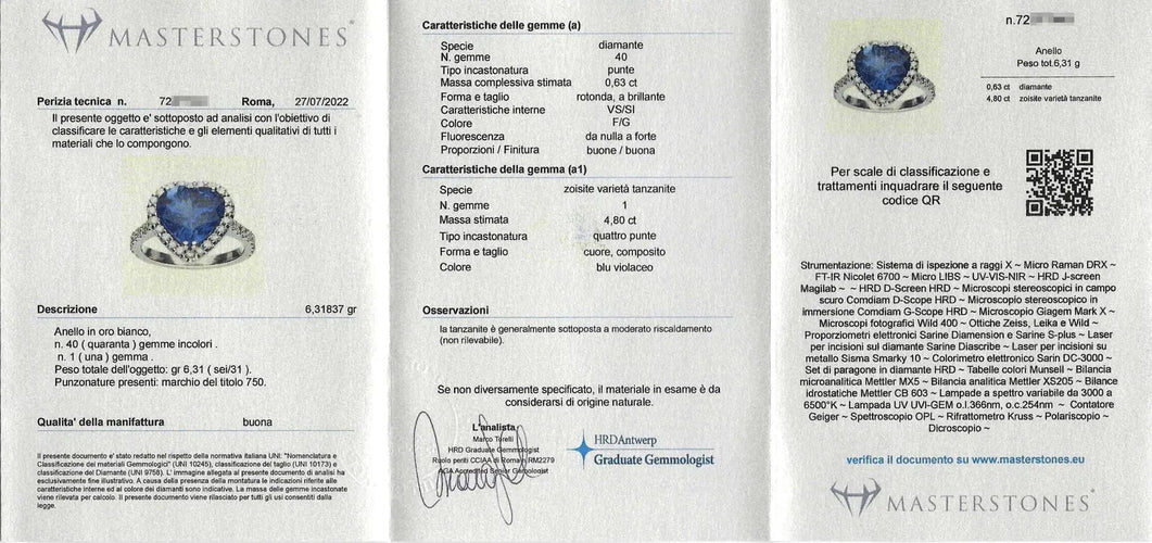 Bague en or blanc avec tanzanite taille cœur de 4,80 ct et diamants